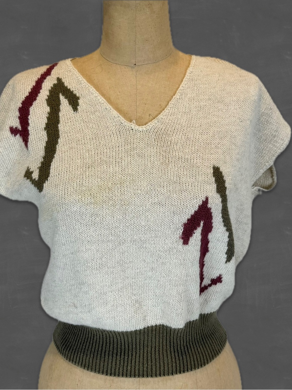 VINTAGE 80s 90s abstract artsy knit sweater‎ top boxy shirt cap sleeve cropped
